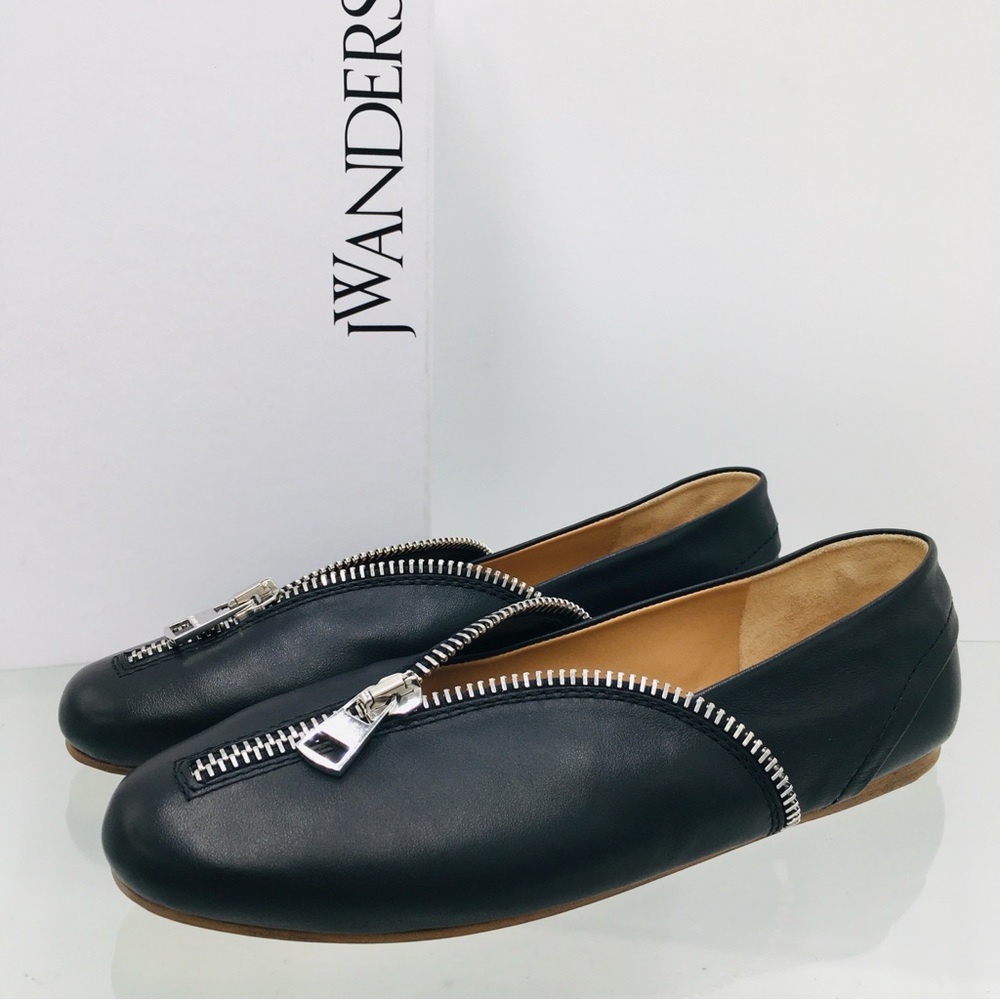 JW Anderson Biker Ballerina Black Leather Loafers with Zipper Detail Size 7 M